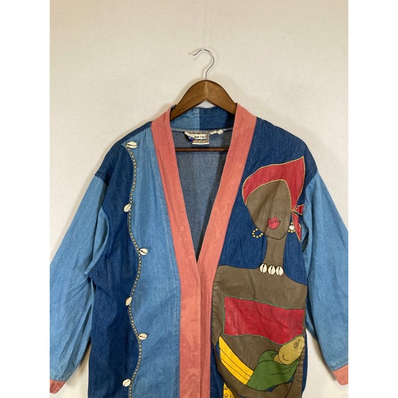 Boho Wearable Art Vintage Mulato Womens XL Denim Patchwork Graphic Duster Coat - Picture 3 of 8